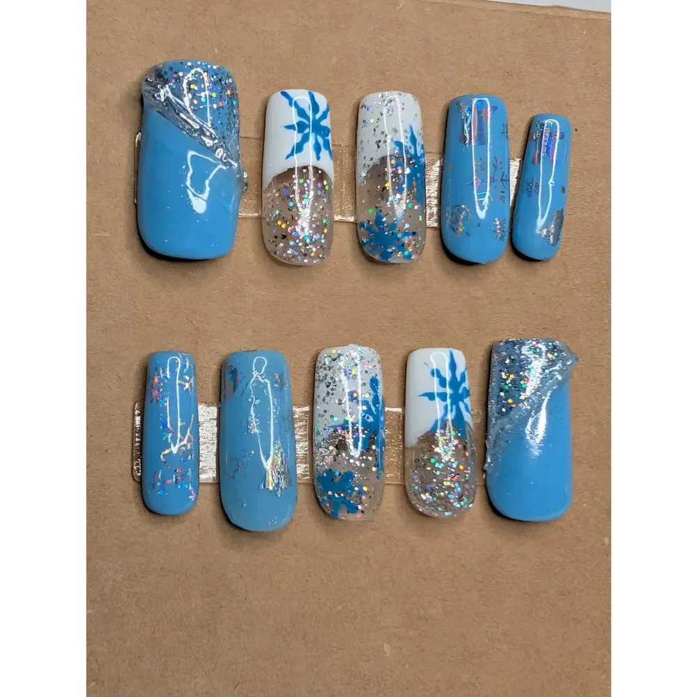 Handmade Winter Snowflake Frenchie‎ Blue White & Silver Glitter Press On Nails